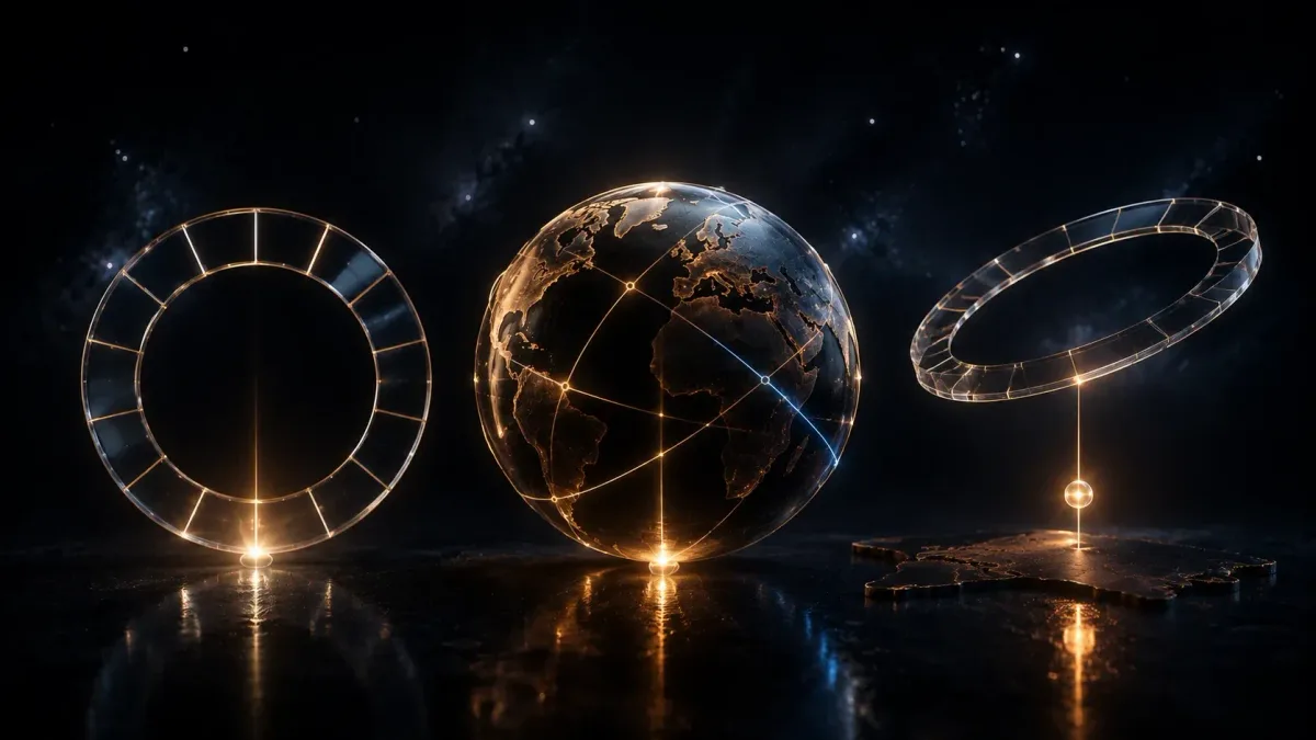Birth chart wheel, astrocartography chart and relocation chart shown as three views of one birth moment